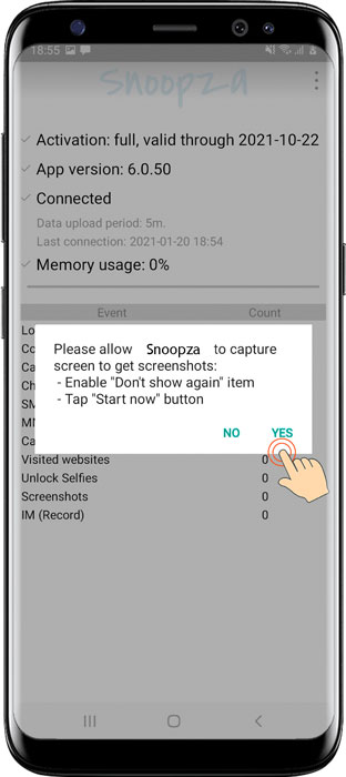Izinkan aplikasi Snoopza mengakses tangakan layar dan rekaman